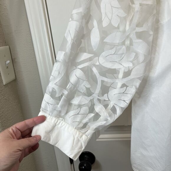 Boston Proper White Button Up Sheer Floral Long Balloon Sleeve Top Womens Size S - Picture 4 of 12